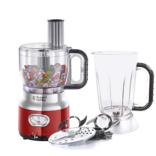 Russell Hobbs Retro 25180-56 - Robot de cocina 850 W, vaso smoothies, recipiente mezclador, disco de corte y de rallado, color rojo