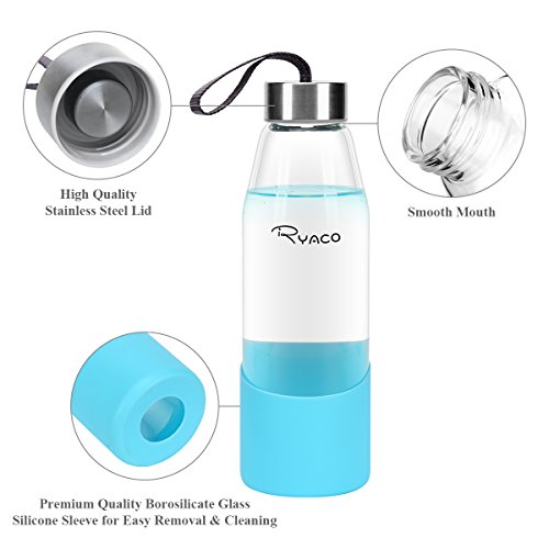 Ryaco Botella de Agua Cristal 500ml, Botella de Agua Reutilizable 16 oz, sin BPA Antideslizante Protección Silicona Llevar Manga y Cepillo de Esponja (Azul, 500 ml)