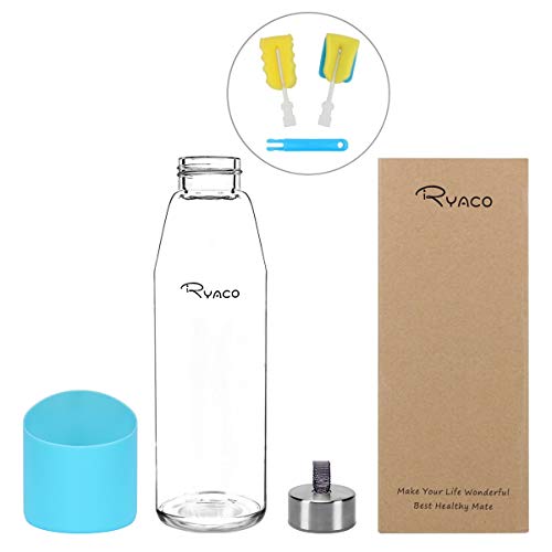 Ryaco Botella de Agua Cristal 500ml, Botella de Agua Reutilizable 16 oz, sin BPA Antideslizante Protección Silicona Llevar Manga y Cepillo de Esponja (Azul, 500 ml)