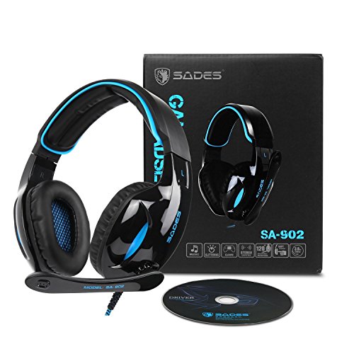 Sades SA902 USB Auriculares Cascos Gaming Sonido Envolvente Virtual de 7.1 de Diadema Cerrados con MICR¨®Fono LED para PC Laptop Computadoras (Negro/Azul)