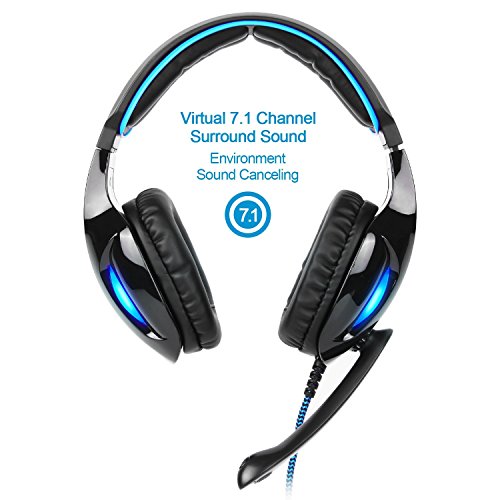 Sades SA902 USB Auriculares Cascos Gaming Sonido Envolvente Virtual de 7.1 de Diadema Cerrados con MICR¨®Fono LED para PC Laptop Computadoras (Negro/Azul)