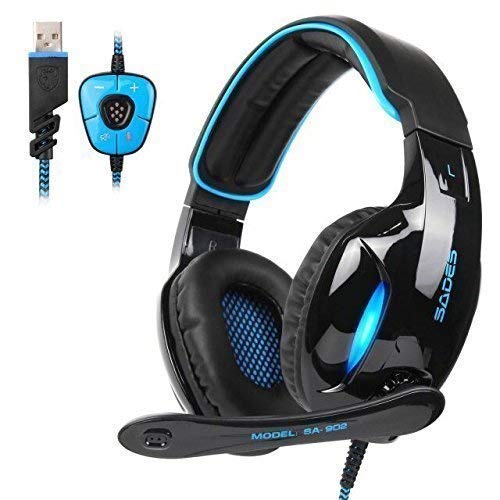 Sades SA902 USB Auriculares Cascos Gaming Sonido Envolvente Virtual de 7.1 de Diadema Cerrados con MICR¨®Fono LED para PC Laptop Computadoras (Negro/Azul)