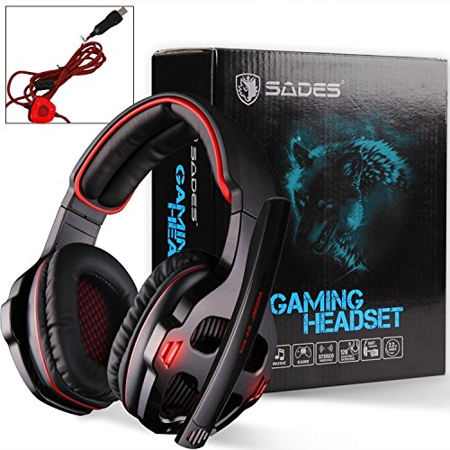 Sades SA903 7,1 Canal Surround estéreo Gaming Auriculares Ruido cancelación LED luz USB cableado sobre oído PC Gaming Auricular (Negro & Rojo)