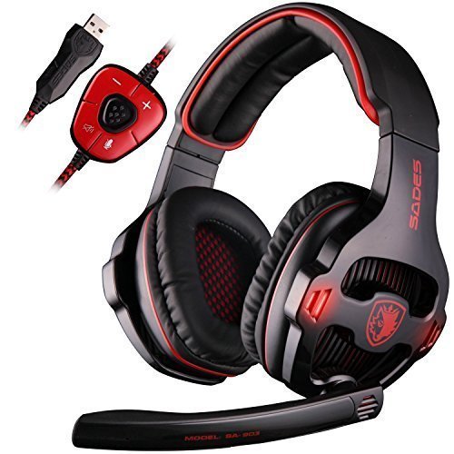 Sades SA903 7,1 Canal Surround estéreo Gaming Auriculares Ruido cancelación LED luz USB cableado sobre oído PC Gaming Auricular (Negro & Rojo)