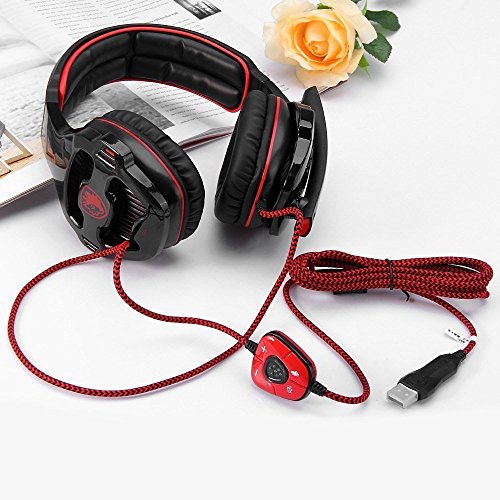 Sades SA903 7,1 Canal Surround estéreo Gaming Auriculares Ruido cancelación LED luz USB cableado sobre oído PC Gaming Auricular (Negro & Rojo)