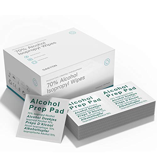 SAEYON [100 Piezas] Hisopos de Alcohol, Toallitas de Isopropilo con Alcohol al 70% ~ 75%, Desechables de Alcohol Prep Pads 60mm x 60mm