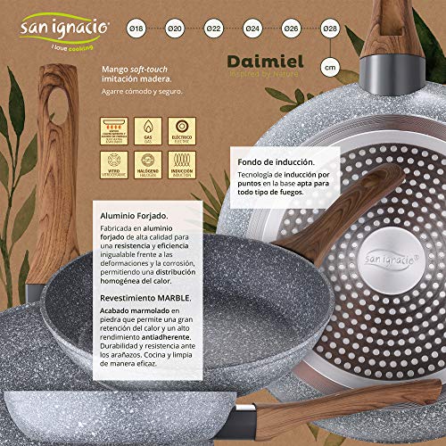 San Ignacio PK1795 sartenes Ø18, Ø20, Ø22, Ø24, Ø26, Ø28 + ASADOR de 35,5 x 28 3 Utensilios Set Juego de 4 Cuchillos de Cocina Daimiel, Aluminio Forjado