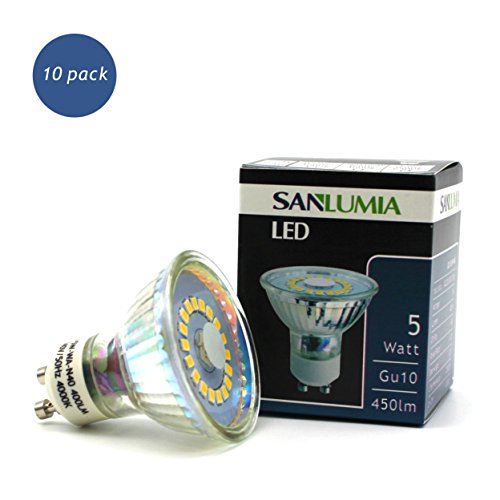 Sanlumia Bombillas LED GU10, 5W = 50W Halógena, 450Lm, Blanco Cálido (3000K), 120 ° ángulo de haz, Iluminación de Techo para Cocina, Oficina, o Baño, Paquete de 10