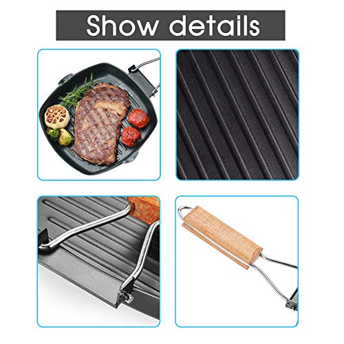 Sartén de Hierro Fundido - Plancha Grill Asador Sartenes Antiadherentes con Mango de Madera Plegable Funciona de Gas, Eléctricas, Inducción Negro, 20 x 20 cm