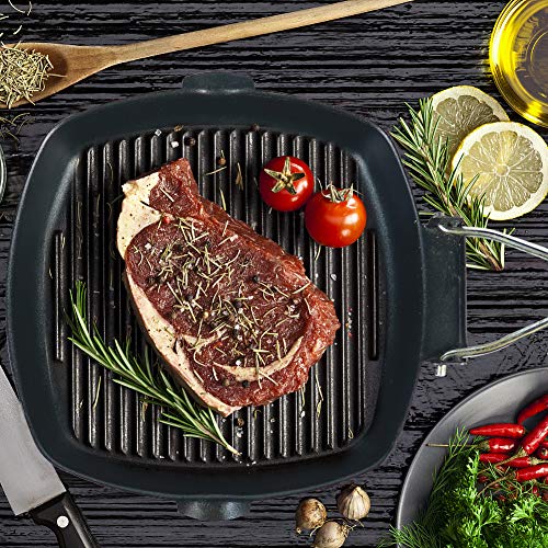 Sartén de Hierro Fundido - Plancha Grill Asador Sartenes Antiadherentes con Mango de Madera Plegable Funciona de Gas, Eléctricas, Inducción Negro, 20 x 20 cm