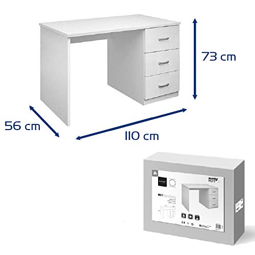 Sbrico Escritorio - Mesa de Trabajo o Estudio con 3 Cajones, de Melamina Alto Gramaje Color Blanco y Fácil Montaje, Dimensiones: 110 x 73 x 56 cm de Fondo