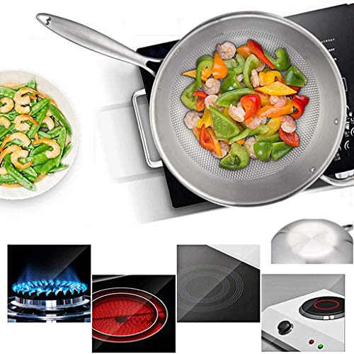 SBSNH Wok - Fondo Plano auténtico de Acero al Carbono Wok Martillado a Mano por tulipán Dorado - Mango de Madera y ayudante Resistente - Adecuado for Estufa de Gas Ideal for cocinar