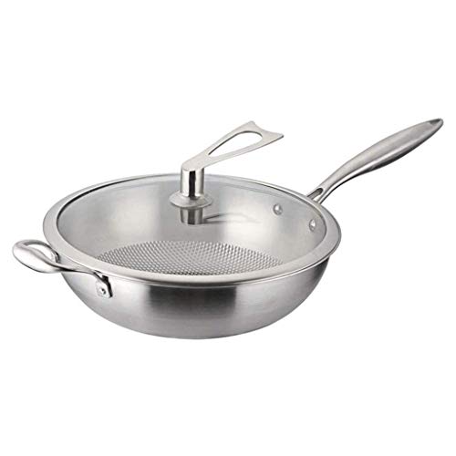 SBSNH Wok - Fondo Plano auténtico de Acero al Carbono Wok Martillado a Mano por tulipán Dorado - Mango de Madera y ayudante Resistente - Adecuado for Estufa de Gas Ideal for cocinar