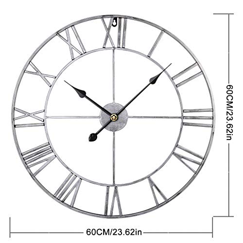 Searchyou - 60CM Relojes de Pared de Metal Grandes Silencioso Estilo Vintage Números Romanos para Salón Dormitorio Bar - (Plata)