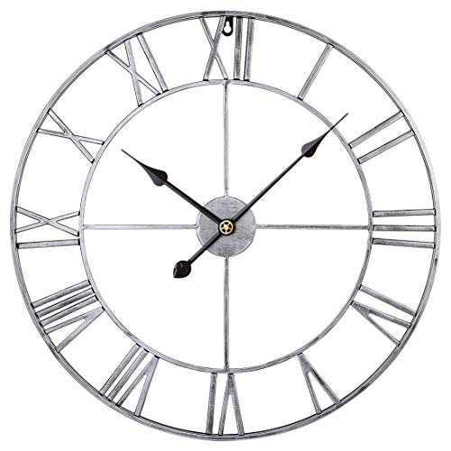 Searchyou - 60CM Relojes de Pared de Metal Grandes Silencioso Estilo Vintage Números Romanos para Salón Dormitorio Bar - (Plata)