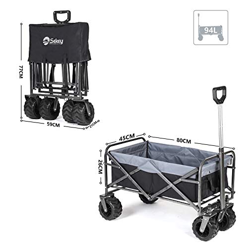 Sekey Carrito de Jardín Plegable Carro Plegable Carretilla para Exteriores Carrito de Playa para Todo Terreno, Negro