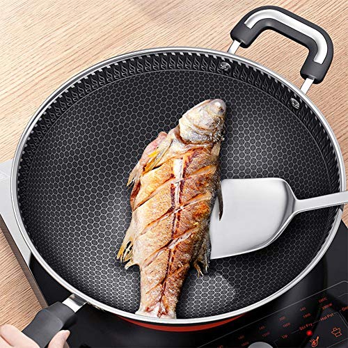 seraphicar Sartén Antiadherente, Sartén Wok De Panal De Acero Inoxidable Sartén De Aceite para Freír Sin Humo con Tapa De Vidrio Sartén De Cocina Utensilios De Cocina