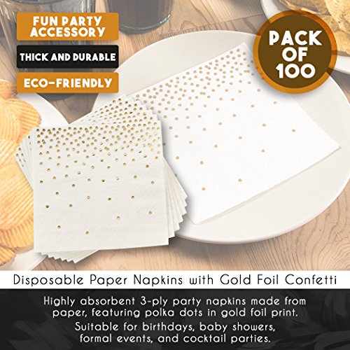 Servilletas de cóctel – Paquete de 100 servilletas de papel desechables para fiesta, 3 capas, confeti de lunares, impresión de papel dorado, desplegado 25,4 x 25,4 cm, plegado 12,7 x 12,7 cm