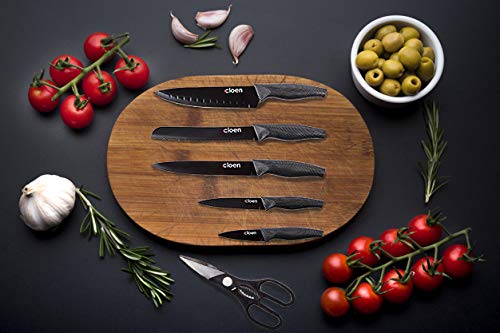Set Cuchillos de 6 piezas - Modelo Phoenix - 5 cuchillos de acero inoxidable con recubrimiento cerámico y 1 Tijeras de cocina multiuso de acero inoxidable. by Cloen, cuchillos Cloen