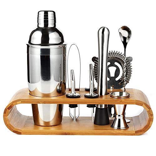 Set da 10 pezzi di shaker per cocktail Cretee Set da cocktail per shaker in acciaio inossidabile da 750 ml Set di strumenti da bar con kit da barista in bambù spesso