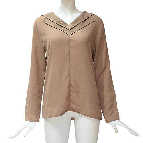 SHOBDW Camisa de Cuello en v Gasa sólida de Las Mujeres Camisa de Trabajo de Las señoras de la Oficina Blusa Tops de Manga Larga de otoño Invierno(Caqui,M)