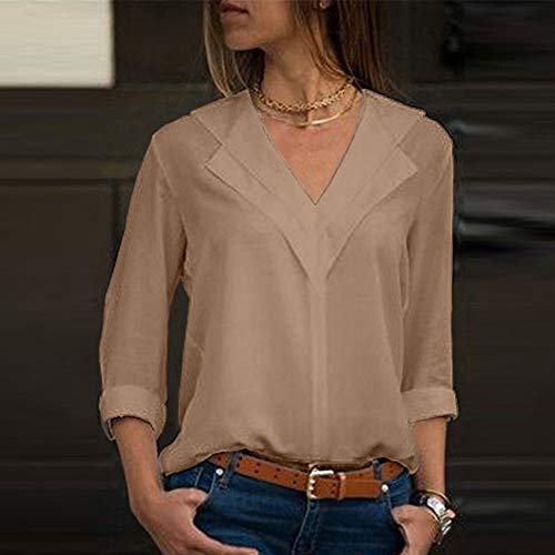 SHOBDW Camisa de Cuello en v Gasa sólida de Las Mujeres Camisa de Trabajo de Las señoras de la Oficina Blusa Tops de Manga Larga de otoño Invierno(Caqui,M)