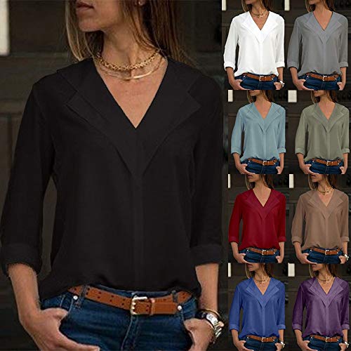 SHOBDW Camisa de Cuello en v Gasa sólida de Las Mujeres Camisa de Trabajo de Las señoras de la Oficina Blusa Tops de Manga Larga de otoño Invierno(Caqui,M)