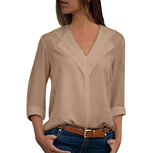 SHOBDW Camisa de Cuello en v Gasa sólida de Las Mujeres Camisa de Trabajo de Las señoras de la Oficina Blusa Tops de Manga Larga de otoño Invierno(Caqui,M)