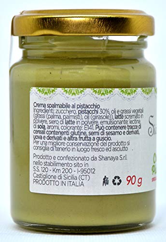 SICILFRUTTI CREMA DE PISTACHO de Pistacho verde 90 Gr, Crema de frutos secos pistachios, crema pistacho dulce y esparcible de Sicilia, para rellenar pasteles y para el desayuno.100% Made in Italy