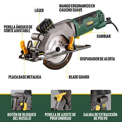 Sierra Circular, TECCPO 480W Mini Sierra Circular, Velocidad 3500RPM, Con Luz Láser, Motor de Cobre Puro, 115mm Diámetro de Hoja de Sierra, Cortar Madera, Ángulo Ajustable a 45 °- TAMS24P