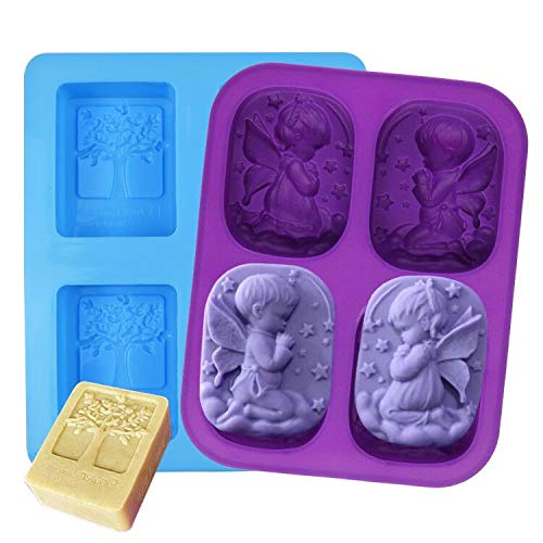 SIMUER Lote de 2 moldes de Silicona para jabón, árbol y ángulo, 4 Cavities rectangulares, para Hacer Pasteles o Pasteles