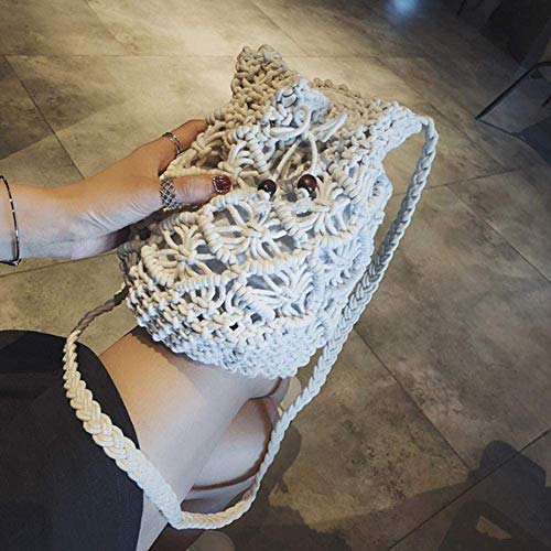 Siunwdiy Damas Tejidas con Cordón Bolso De La Playa del Ocio Vacaciones De Las Señoras De Bolso De La Playa Bolsa De Hombro Crochet Cuerda De Cáñamo De Algodón Tejidas Bolso,Blanco