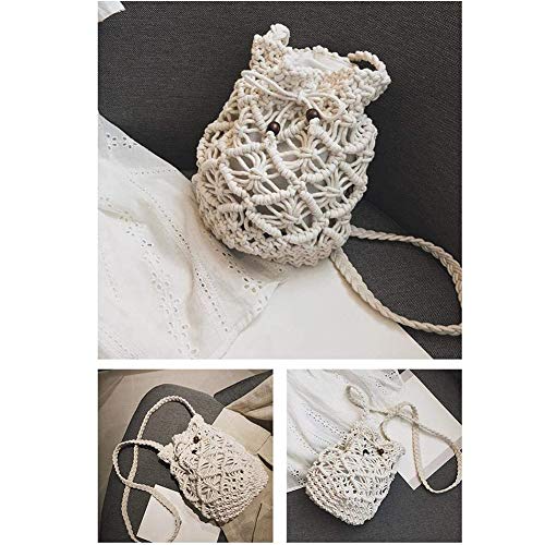 Siunwdiy Damas Tejidas con Cordón Bolso De La Playa del Ocio Vacaciones De Las Señoras De Bolso De La Playa Bolsa De Hombro Crochet Cuerda De Cáñamo De Algodón Tejidas Bolso,Blanco