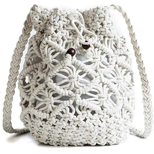 Siunwdiy Damas Tejidas con Cordón Bolso De La Playa del Ocio Vacaciones De Las Señoras De Bolso De La Playa Bolsa De Hombro Crochet Cuerda De Cáñamo De Algodón Tejidas Bolso,Blanco