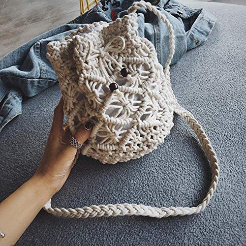 Siunwdiy Damas Tejidas con Cordón Bolso De La Playa del Ocio Vacaciones De Las Señoras De Bolso De La Playa Bolsa De Hombro Crochet Cuerda De Cáñamo De Algodón Tejidas Bolso,Blanco