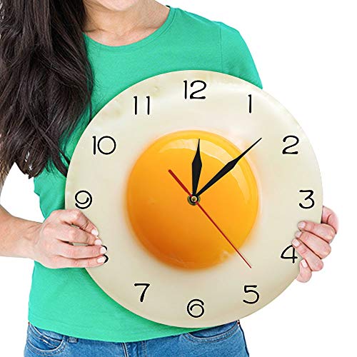 Sjzwt Huevo Frito del Reloj de Pared de la Cocina 3D Plana de diseño Desayuno Alimentos Arte de la Pared Interior Comedor Decoración silenciosa Pared Reloj