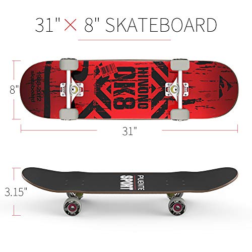 Skateboards completos,31 pulgadas Pro Skateboard para Niños/Niñas/Jóvenes/Adultos/Trucos Skate Board para Principiantes y Profesionales,Doble Patada 7 Capas de Madera de Arce Canadiense Cóncava (Rojo)