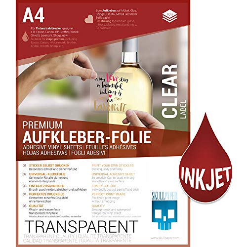 SKULLPAPER Lámina adhesiva A4 Premium transparente para impresora de inyección de tinta (10 hojas)