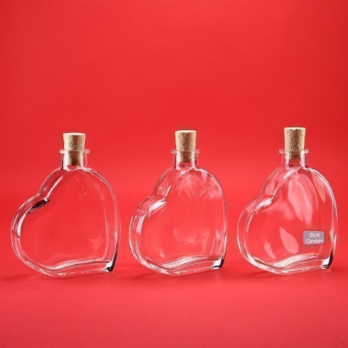 slkfactory - Juego de 3 Botellas de Cristal vacías (200 ml, Forma de corazón, con Corcho, 0,2 L)