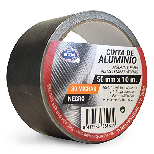 S&M Cinta aluminio negra 50 mm x 10 m (espesor 30 micras) SANEAPLAST- Cinta adhesiva de aluminio multiusos-– Rollo de 10 metros