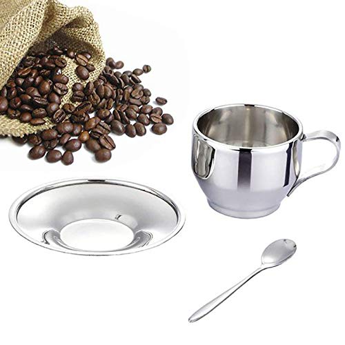 SODIAL El Conjunto de Taza de Café-Acero Inoxidable Taza de Café con Doble Aislamiento Jarra Café Latte Capuchino Leche Taza con Platillo y Cuchara 125Ml