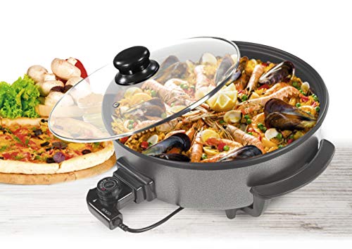 SOGO SS-10095 - Paellera, Sartén Eléctrica, Pizza Pan, Cazuela Multiuso con Tapa Cristal, Diámetro 36cm, Profundidad 7cm, 1500W, Base Antiadherente, Color: Negro