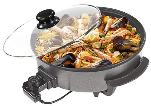 SOGO SS-10095 - Paellera, Sartén Eléctrica, Pizza Pan, Cazuela Multiuso con Tapa Cristal, Diámetro 36cm, Profundidad 7cm, 1500W, Base Antiadherente, Color: Negro