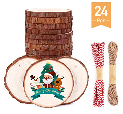 SOLEDI Rodajas De Madera 24 Piezas De 8-9 cm Con Agujero y Superficie Lisa Los Círculos De Madera Incluyen Caja De Papel Kraft, Manualidades Hechas a Mano Perfectas y Adornos De Halloween