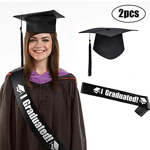 Sombrero Graduación, Sombrero Graduación Maestro, Cinturón I Graduate!, Decoración para Ceremonia Graduación Universitaria, Negro, Unisex, Tamaño Ajustable