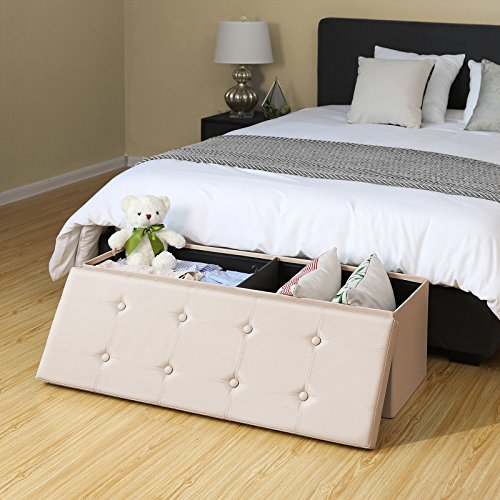 Songmics Baúl Puff - Taburete para almacenaje, Plegable Carga máxima de 300 kg, Beige, 110 x 38 x 38 cm