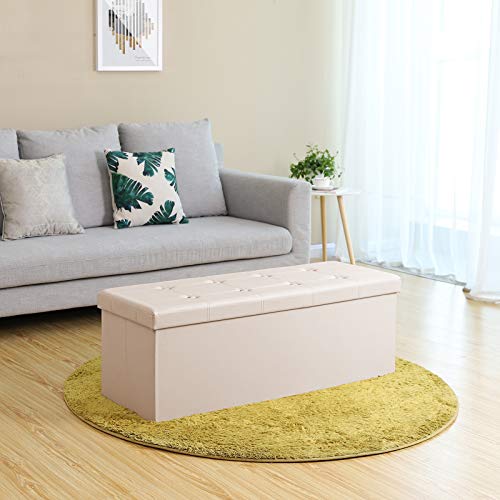 Songmics Baúl Puff - Taburete para almacenaje, Plegable Carga máxima de 300 kg, Beige, 110 x 38 x 38 cm