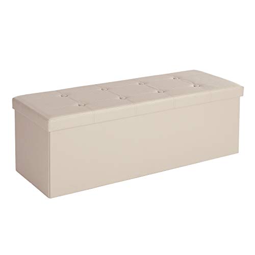 Songmics Baúl Puff - Taburete para almacenaje, Plegable Carga máxima de 300 kg, Beige, 110 x 38 x 38 cm