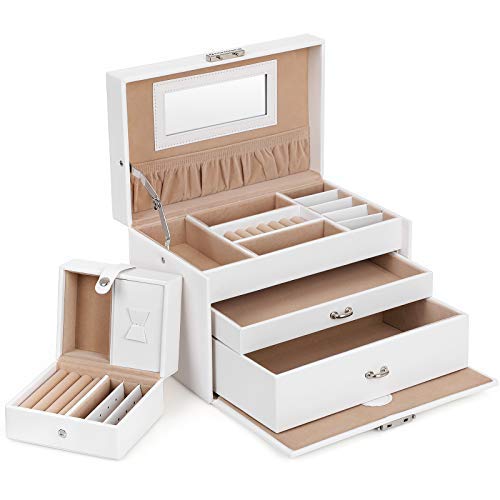 SONGMICS Caja Joyero 3 niveles, Estuche de Joyas con Cerradura, con joyero de viaje, Blanco JBC126W