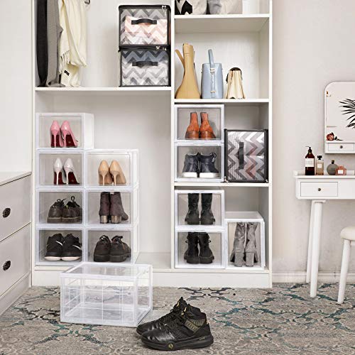 SONGMICS Cajas de Zapatos Apilables Plástica Rígida Ahorro de Espacio Fácil Montaje 28 X 36 x 22 cm para Zapatos hasta la Talla 46 Juego de 3 Blanco Transparente LSP03TP